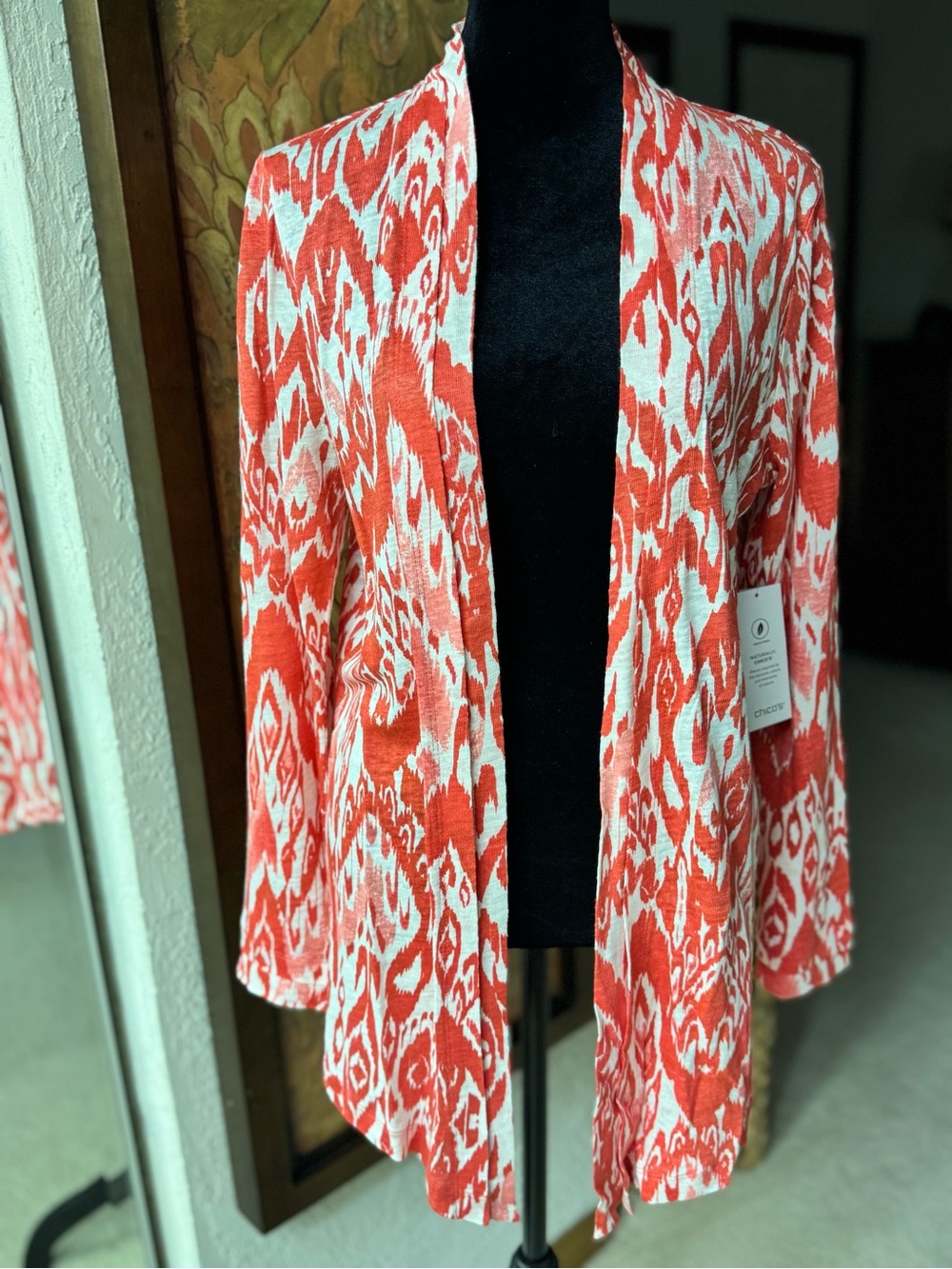 Chico's Coral and White Ikat Open-Front Cardigan NWT